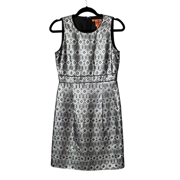 Tory Burch Dresses & Skirts - Tory Burch Ryanne Metallic Sheath Dress Size 4 Silver Black Cocktail